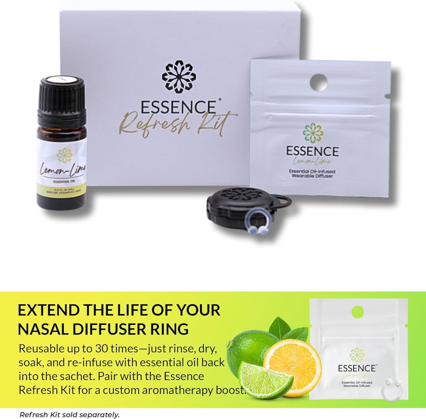 Essence Wearable Aromatherapy Nasal Diffuser – Lemon-Lime Essential Oil Nose Ring Silicone Inhaler for Stress & Mood Support - Made in USA & Travel-Friendly
